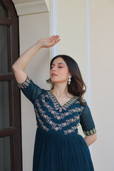 Premium Readymade Designer Gown | Faux Blooming Fabric with Sequins & Beads Embroidery | 7 Meter Flair | Cotton Lining | Fancy V-Neck | M–XXL | Showroom Finish