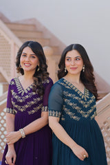 Premium Readymade Designer Gown | Faux Blooming Fabric with Sequins & Beads Embroidery | 7 Meter Flair | Cotton Lining | Fancy V-Neck | M–XXL | Showroom Finish