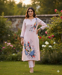 Beautiful Baby Pink Pure Cotton Kurta Set with Hand Embroidery – Full Floral Elegance