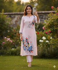 Beautiful Baby Pink Pure Cotton Kurta Set with Hand Embroidery – Full Floral Elegance