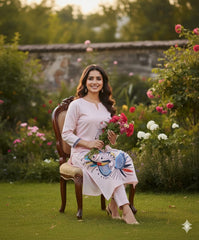 Beautiful Baby Pink Pure Cotton Kurta Set with Hand Embroidery – Full Floral Elegance