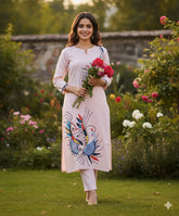 Beautiful Baby Pink Pure Cotton Kurta Set with Hand Embroidery – Full Floral Elegance