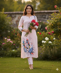 Beautiful Baby Pink Pure Cotton Kurta Set with Hand Embroidery – Full Floral Elegance