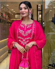 KALGEE Women’s Pure Lagdi Viscose Silk Embroidered Kurta Set | Heavy Sequence Work | Chanderi Bottom & Embroidered Dupatta | Premium Festive Wear