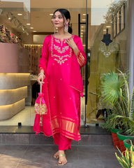 KALGEE Women’s Pure Lagdi Viscose Silk Embroidered Kurta Set | Heavy Sequence Work | Chanderi Bottom & Embroidered Dupatta | Premium Festive Wear