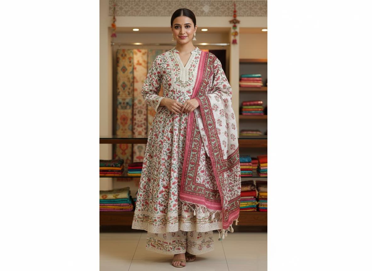 Beautiful Cotton Anarkali Gown Suit | Full Flair 3-Piece Set | Crocia Work Neck Design | Cotton Plazzo & Mulmul Dupatta | M–XXL Sizes | Premium Quality